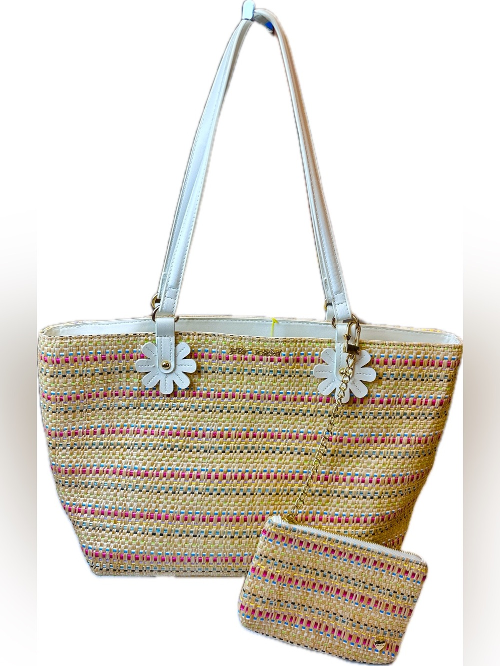 Betsey Johnson White-Strap Woven Tote Multi Color & Tan w/ Cosmetic Bag
